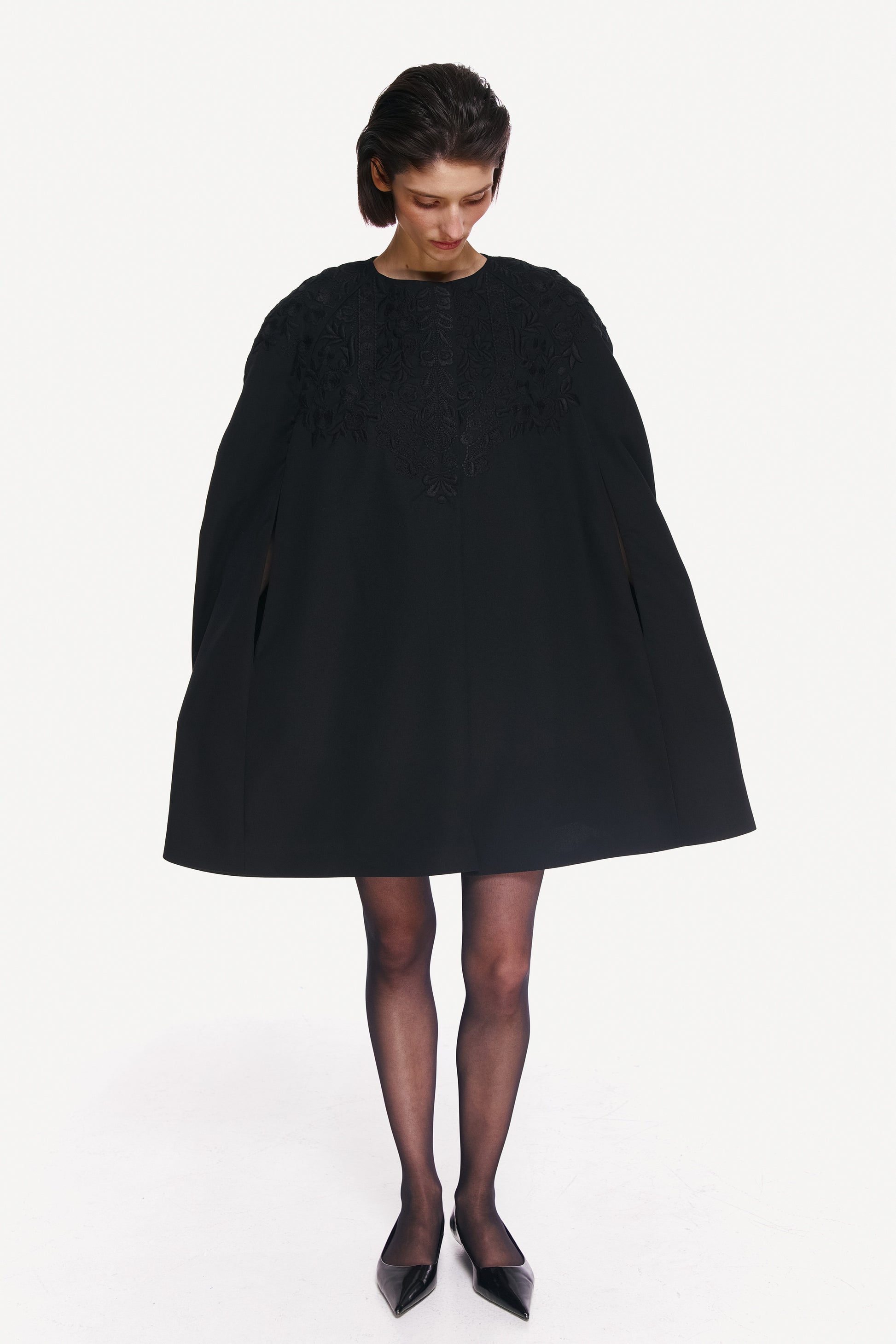 EMBROIDERED WOOL-SILK PONCHO